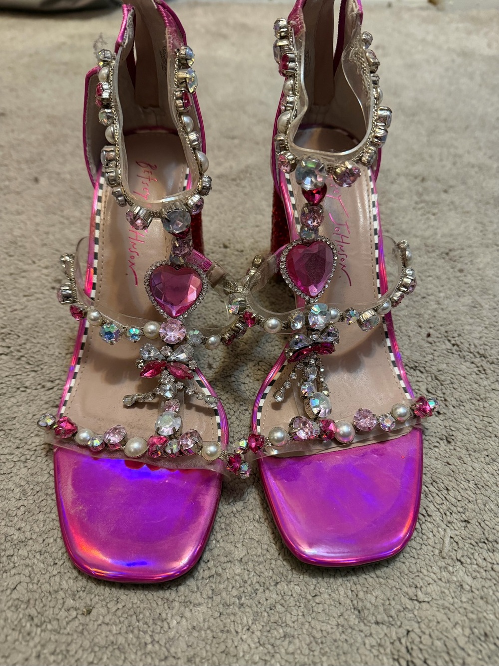 Betsey Johnson Iridescent Pink Jeweled Heart T-Strap Heels